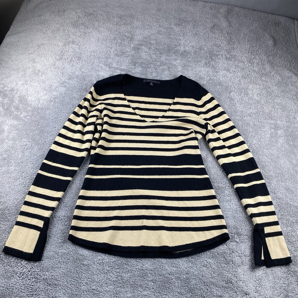 Cyrus Soft Knit Pullover V Neck Sweater Womans Small Striped Black Long Sleeve